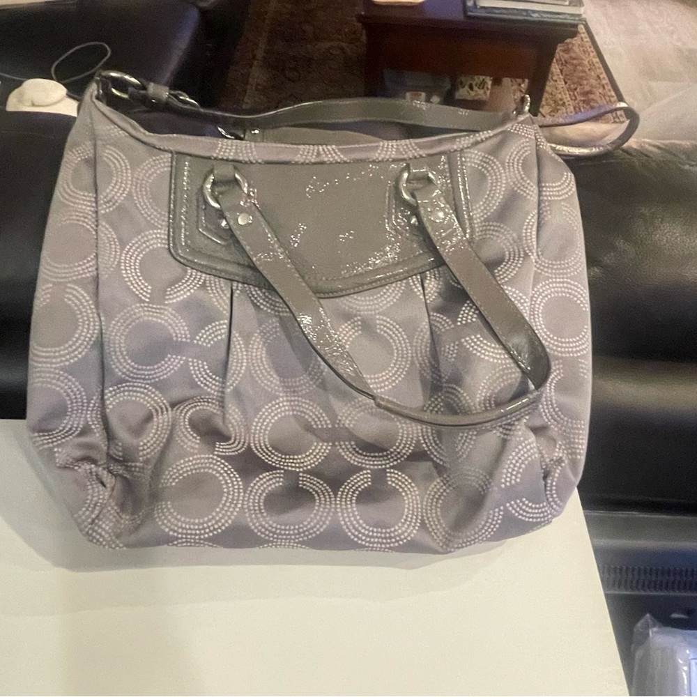 Grey and light grey leather and fabric coach bag